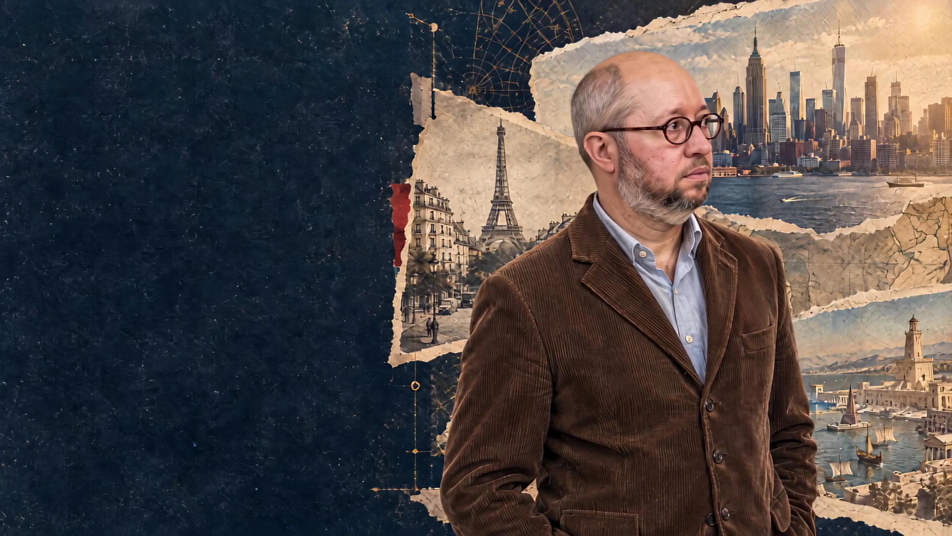 Stan Krupetsky, with New York, Paris and Alexandria behind him